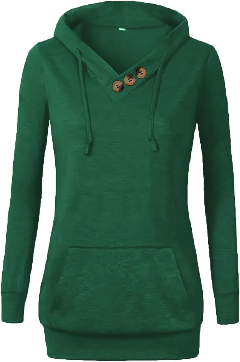 VOIANLIMO Women's Sweatshirts Long Sleeve Button V-Neck Pockets Pullover Hoodies