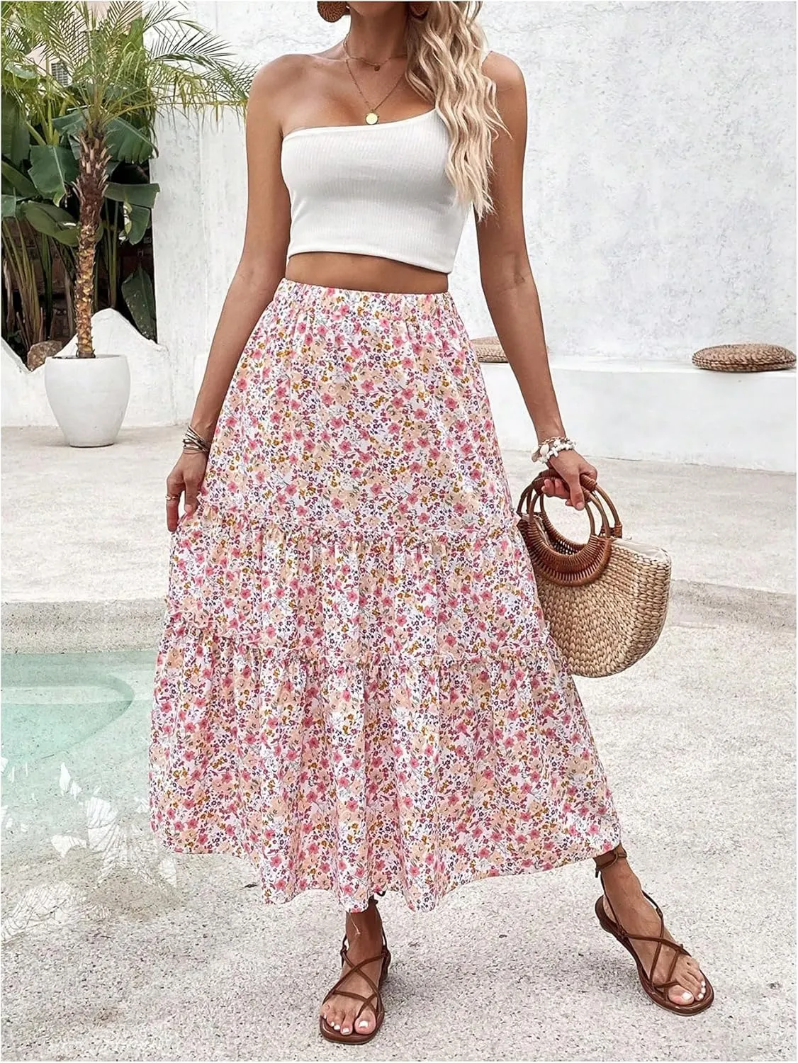 WDIRARA Women's Floral Elastic Waist Tiered Ruffle A Line Skirt Boho Flowy Long Skirt