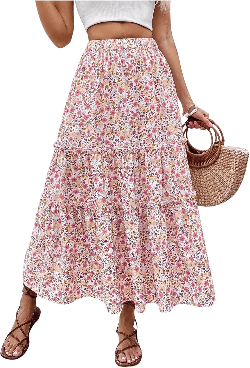 WDIRARA Women's Floral Elastic Waist Tiered Ruffle A Line Skirt Boho Flowy Long Skirt