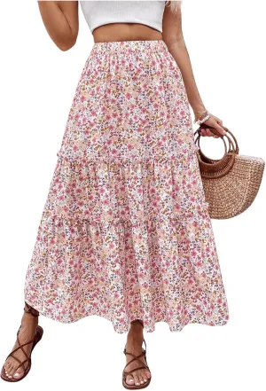 WDIRARA Women's Floral Elastic Waist Tiered Ruffle A Line Skirt Boho Flowy Long Skirt
