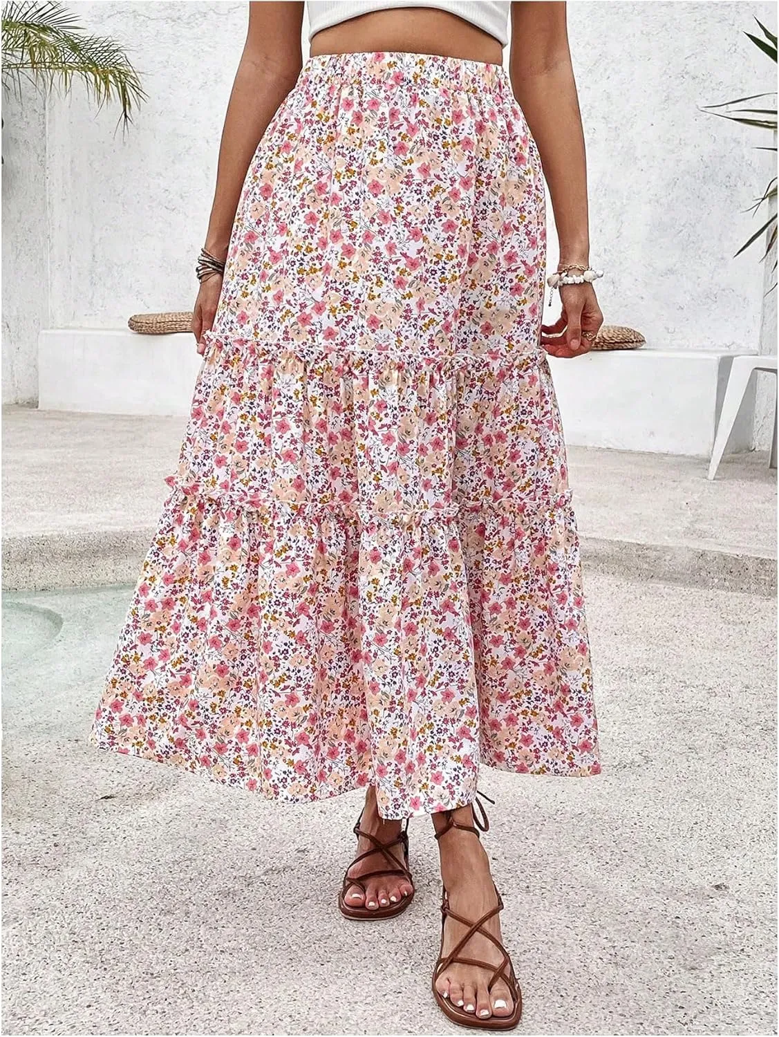 WDIRARA Women's Floral Elastic Waist Tiered Ruffle A Line Skirt Boho Flowy Long Skirt