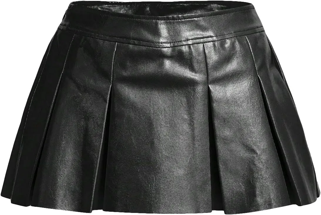 WDIRARA Women's Metallic A Line Skirt Pu Drop Waist Pleated Mini Party Club Skirt