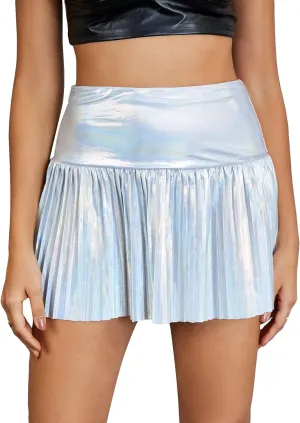WDIRARA Women's Shiny Pleated Ruffle Hem A Line Skirt Metallic Party Club Mini Skirts