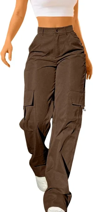 Wide Leg Casual Pants for Women Trendy High Waisted Cargo Pants with Pockets Baggy Stretch Utility Military Pants