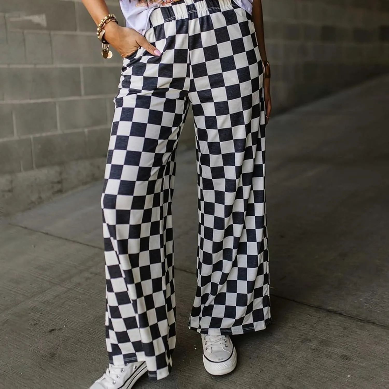 Wide Leg Checkered Pants Women High Waisted Checkerboard Lounge Pajama Bottoms Sweatpants Trousers Casual Loose Fit