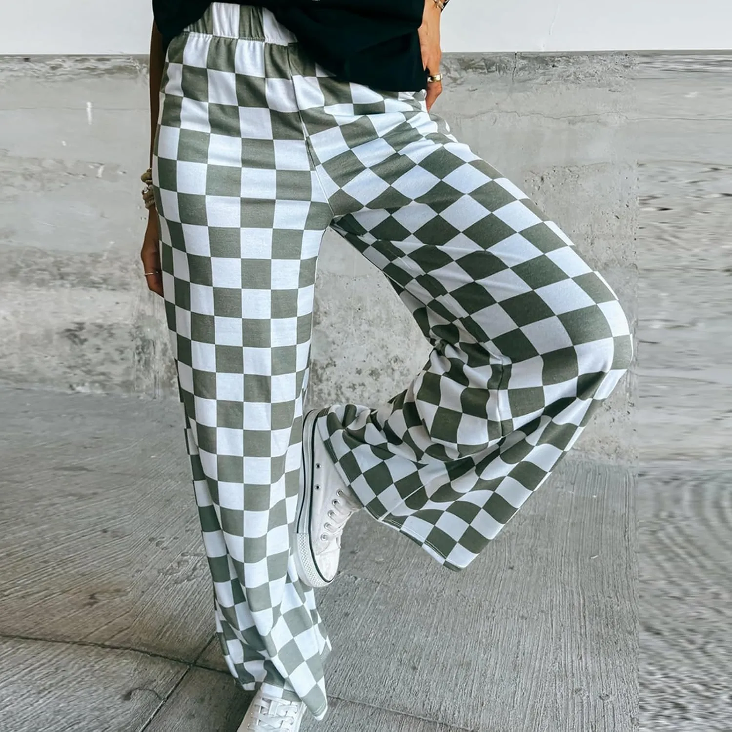 Wide Leg Checkered Pants Women High Waisted Checkerboard Lounge Pajama Bottoms Sweatpants Trousers Casual Loose Fit