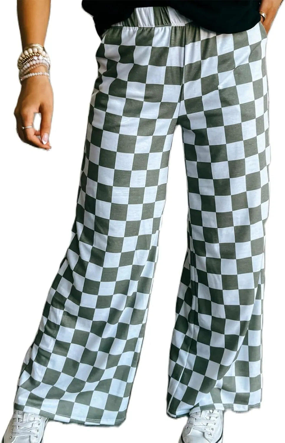 Wide Leg Checkered Pants Women High Waisted Checkerboard Lounge Pajama Bottoms Sweatpants Trousers Casual Loose Fit
