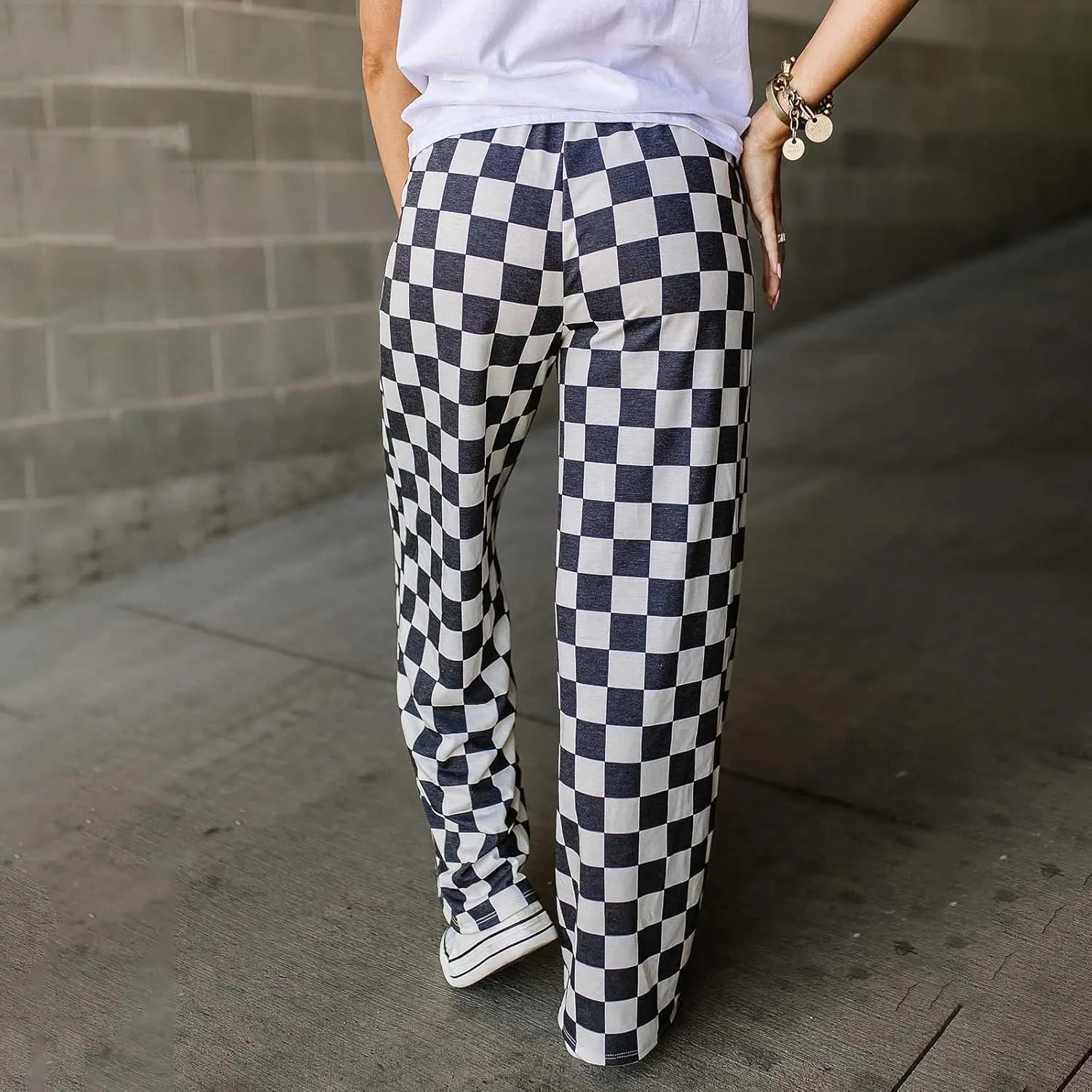 Wide Leg Checkered Pants Women High Waisted Checkerboard Lounge Pajama Bottoms Sweatpants Trousers Casual Loose Fit