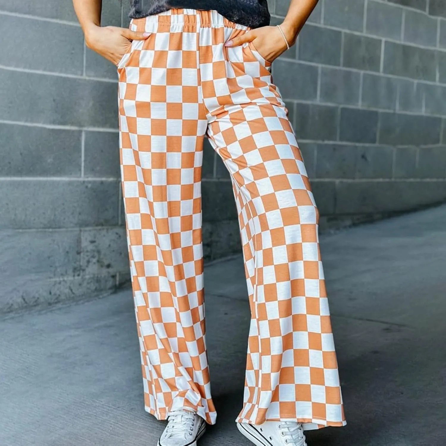 Wide Leg Checkered Pants Women High Waisted Checkerboard Lounge Pajama Bottoms Sweatpants Trousers Casual Loose Fit