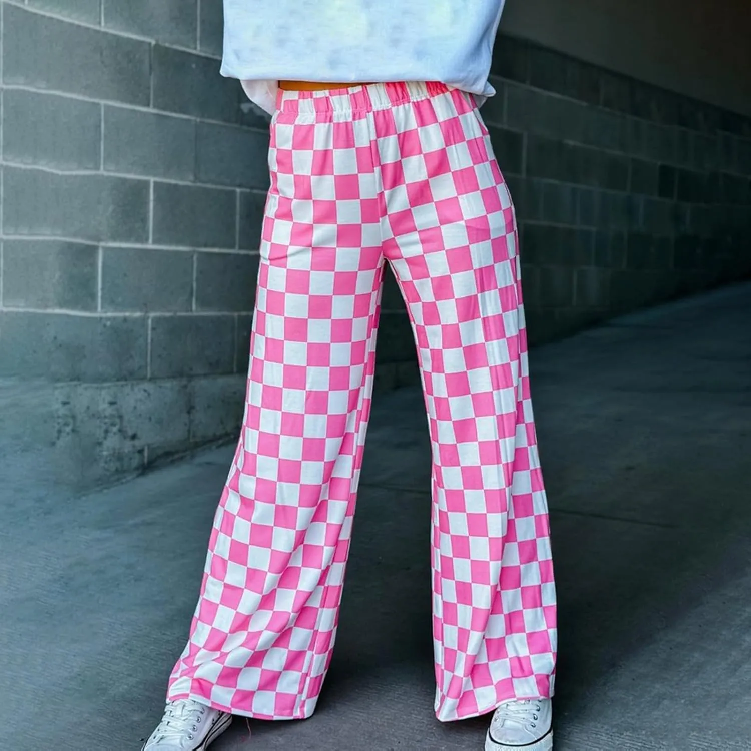 Wide Leg Checkered Pants Women High Waisted Checkerboard Lounge Pajama Bottoms Sweatpants Trousers Casual Loose Fit