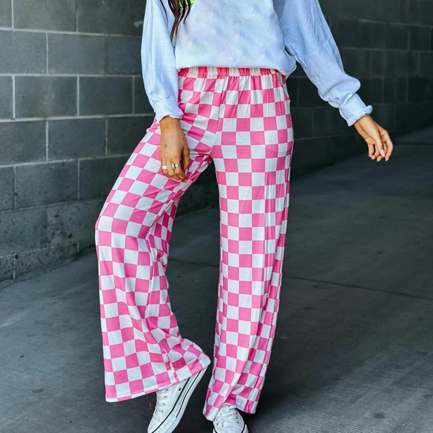 Wide Leg Checkered Pants Women High Waisted Checkerboard Lounge Pajama Bottoms Sweatpants Trousers Casual Loose Fit
