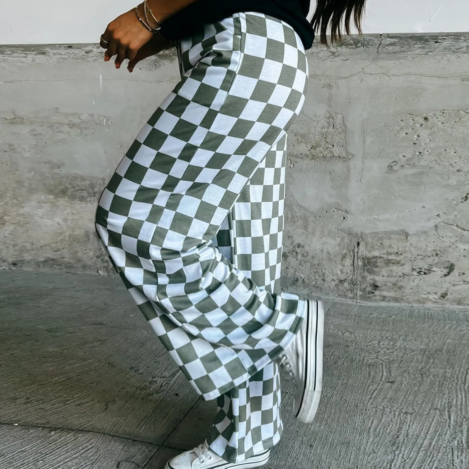 Wide Leg Checkered Pants Women High Waisted Checkerboard Lounge Pajama Bottoms Sweatpants Trousers Casual Loose Fit