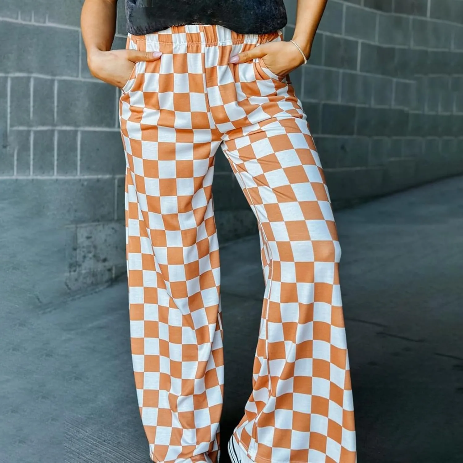 Wide Leg Checkered Pants Women High Waisted Checkerboard Lounge Pajama Bottoms Sweatpants Trousers Casual Loose Fit