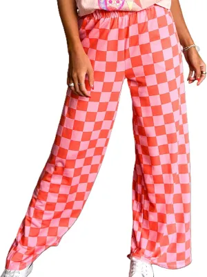 Wide Leg Checkered Pants Women High Waisted Checkerboard Lounge Pajama Bottoms Sweatpants Trousers Casual Loose Fit