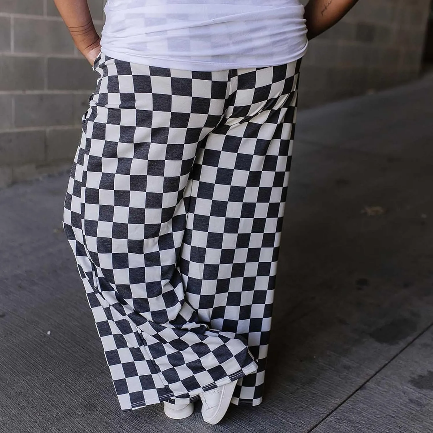 Wide Leg Checkered Pants Women High Waisted Checkerboard Lounge Pajama Bottoms Sweatpants Trousers Casual Loose Fit