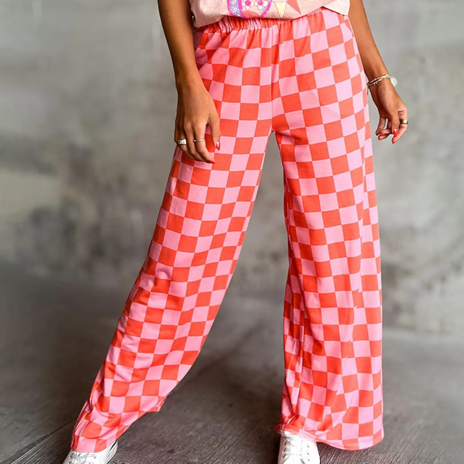 Wide Leg Checkered Pants Women High Waisted Checkerboard Lounge Pajama Bottoms Sweatpants Trousers Casual Loose Fit