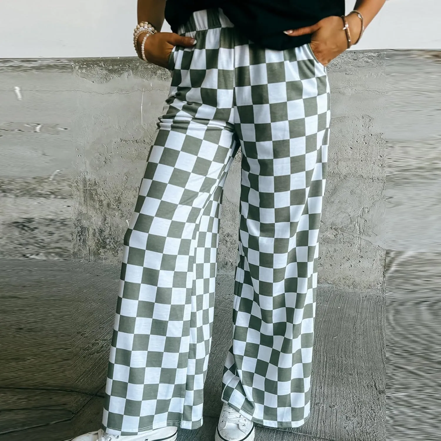 Wide Leg Checkered Pants Women High Waisted Checkerboard Lounge Pajama Bottoms Sweatpants Trousers Casual Loose Fit