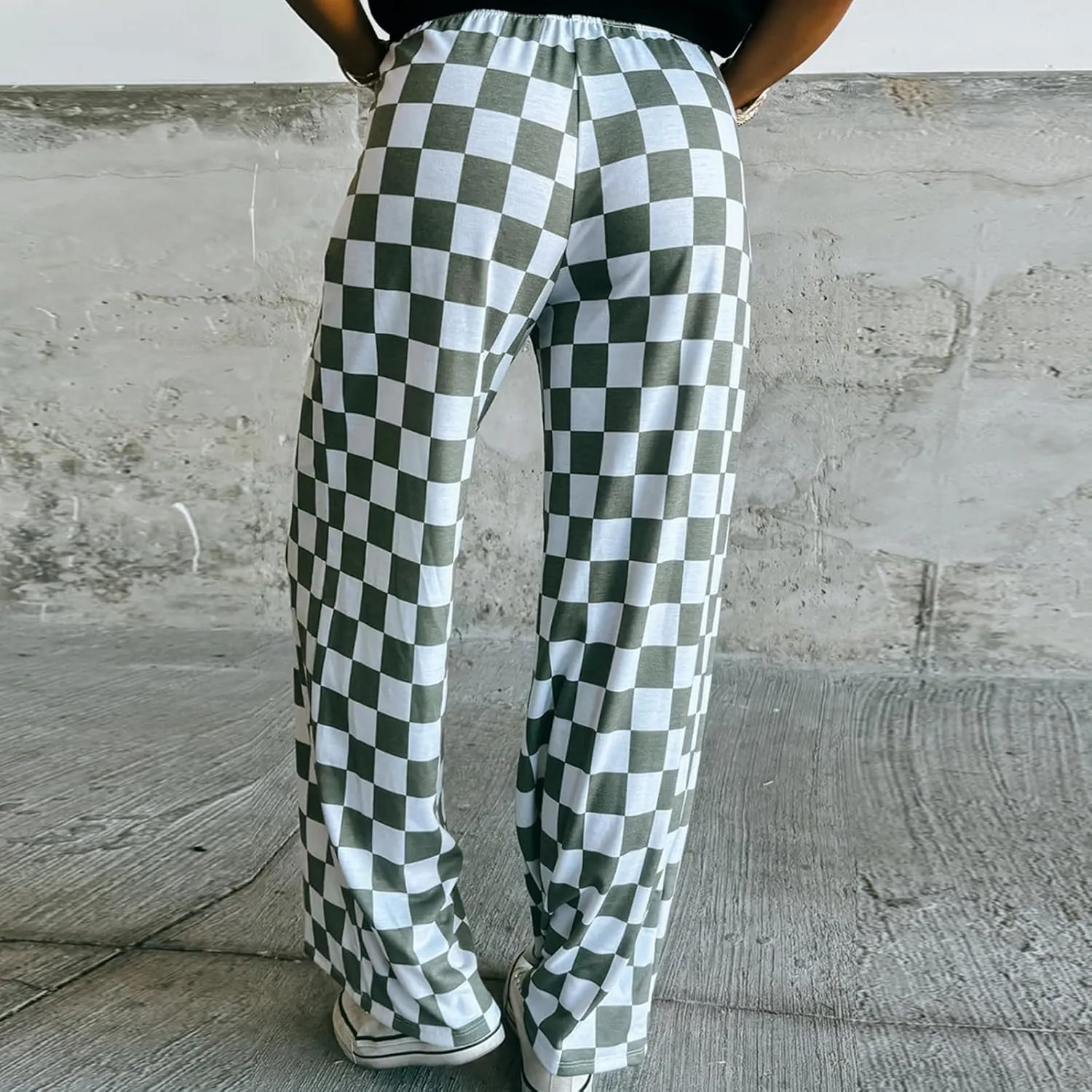 Wide Leg Checkered Pants Women High Waisted Checkerboard Lounge Pajama Bottoms Sweatpants Trousers Casual Loose Fit