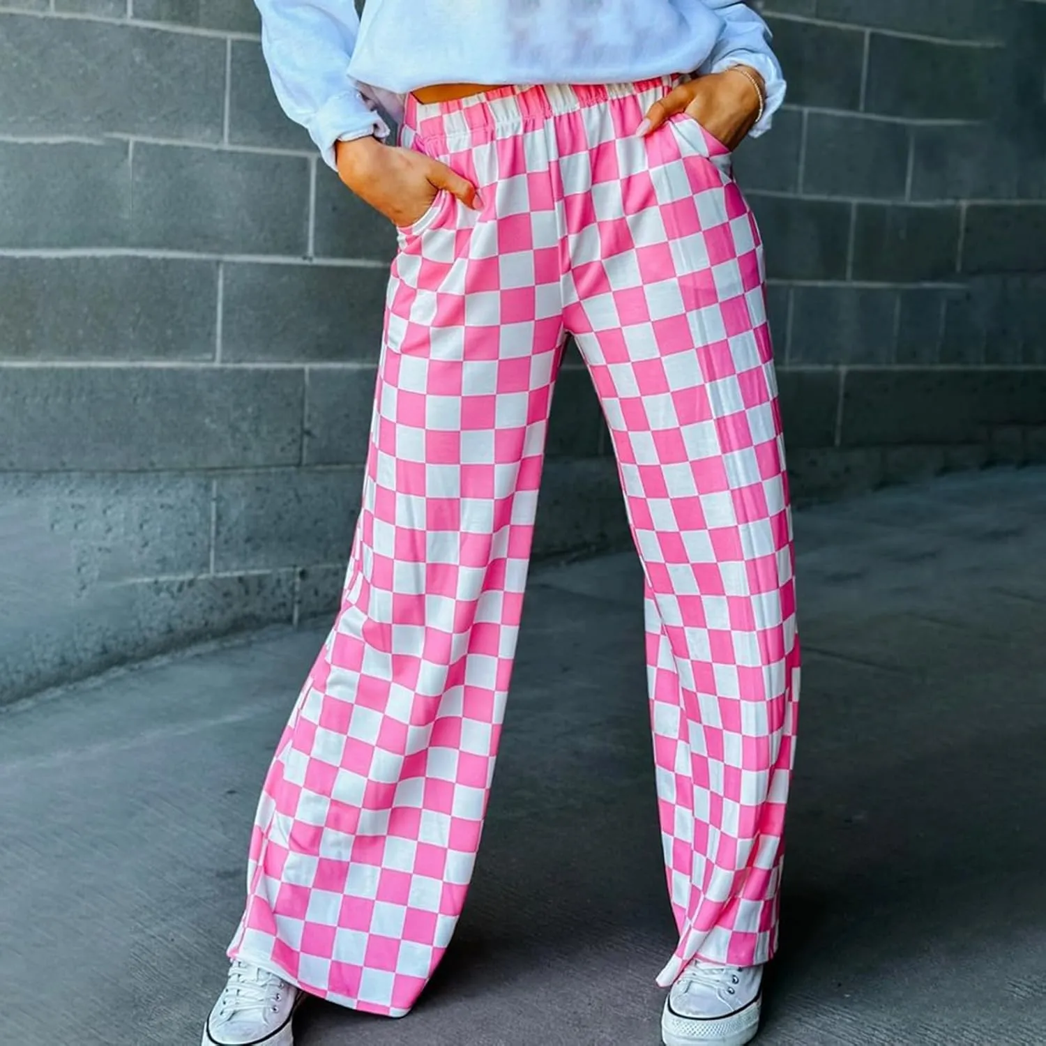 Wide Leg Checkered Pants Women High Waisted Checkerboard Lounge Pajama Bottoms Sweatpants Trousers Casual Loose Fit