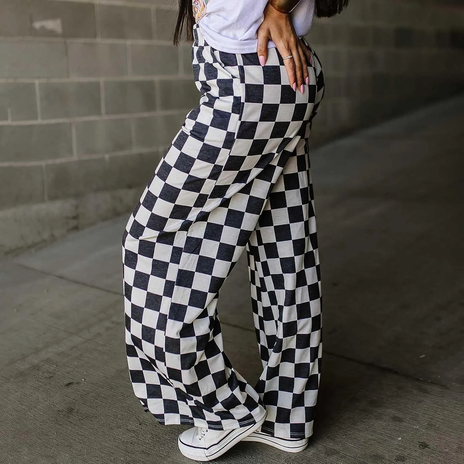 Wide Leg Checkered Pants Women High Waisted Checkerboard Lounge Pajama Bottoms Sweatpants Trousers Casual Loose Fit