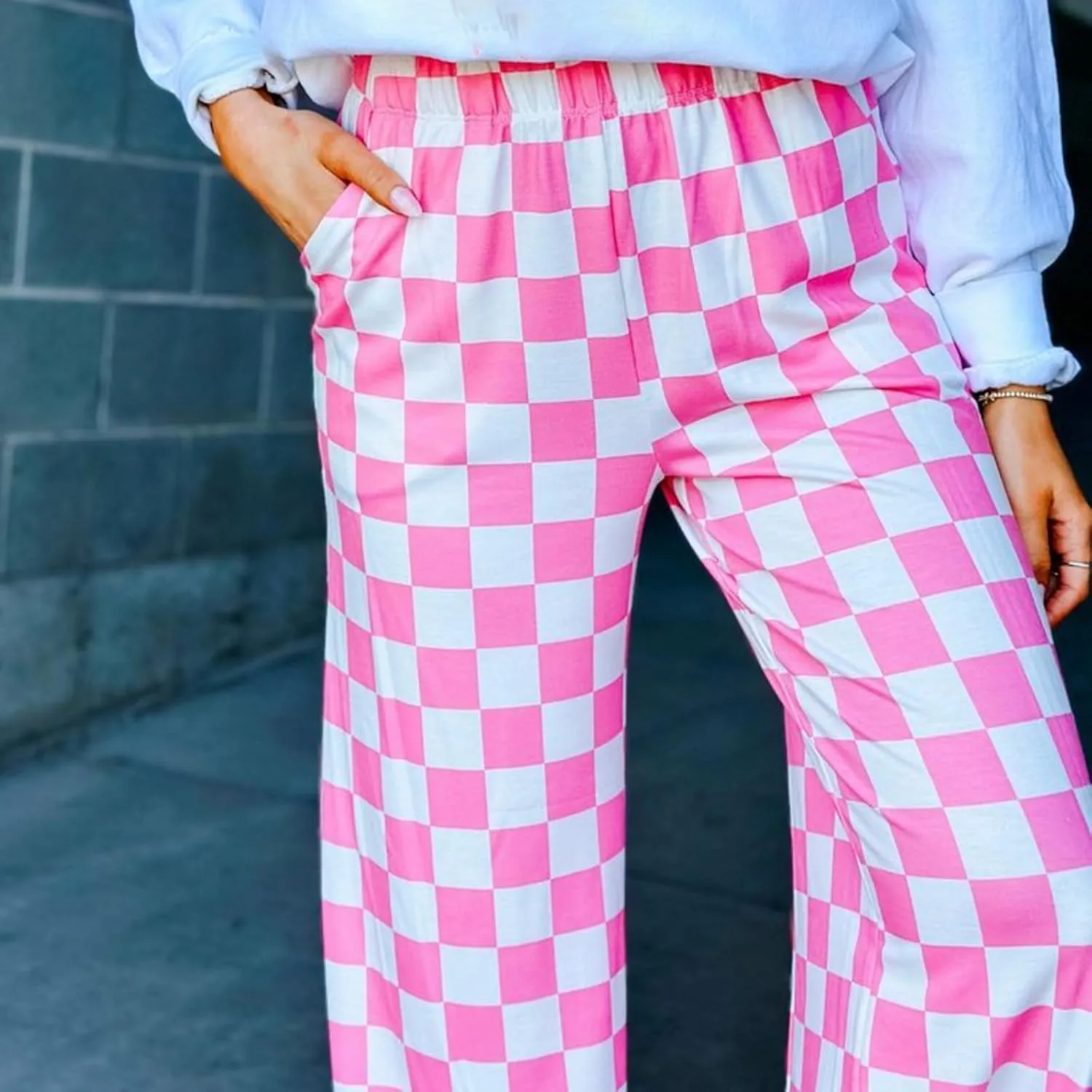 Wide Leg Checkered Pants Women High Waisted Checkerboard Lounge Pajama Bottoms Sweatpants Trousers Casual Loose Fit