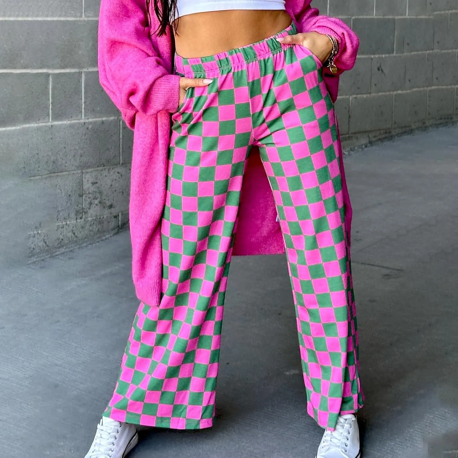 Wide Leg Checkered Pants Women High Waisted Checkerboard Lounge Pajama Bottoms Sweatpants Trousers Casual Loose Fit