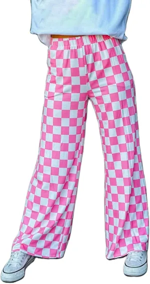 Wide Leg Checkered Pants Women High Waisted Checkerboard Lounge Pajama Bottoms Sweatpants Trousers Casual Loose Fit