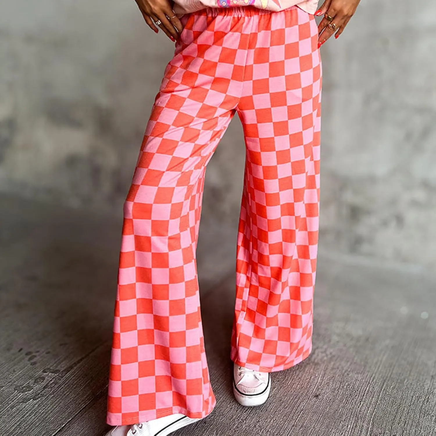Wide Leg Checkered Pants Women High Waisted Checkerboard Lounge Pajama Bottoms Sweatpants Trousers Casual Loose Fit