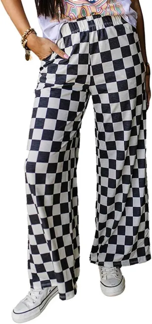 Wide Leg Checkered Pants Women High Waisted Checkerboard Lounge Pajama Bottoms Sweatpants Trousers Casual Loose Fit