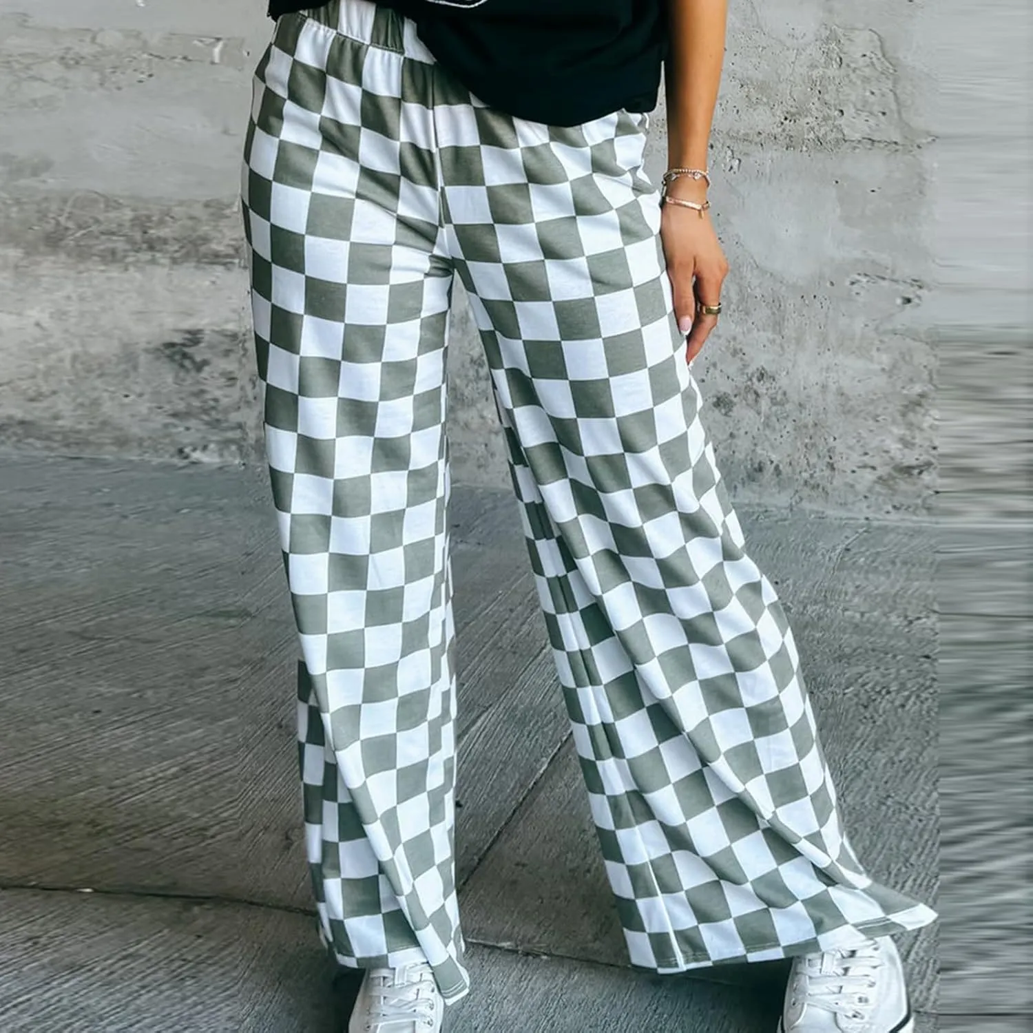 Wide Leg Checkered Pants Women High Waisted Checkerboard Lounge Pajama Bottoms Sweatpants Trousers Casual Loose Fit