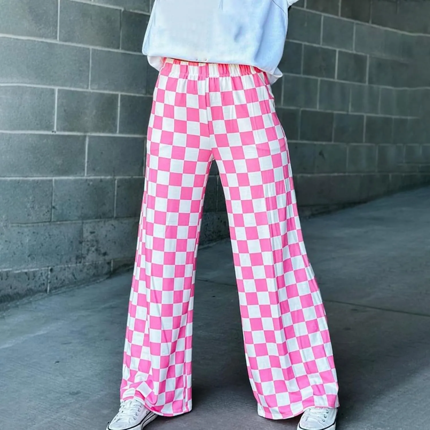 Wide Leg Checkered Pants Women High Waisted Checkerboard Lounge Pajama Bottoms Sweatpants Trousers Casual Loose Fit