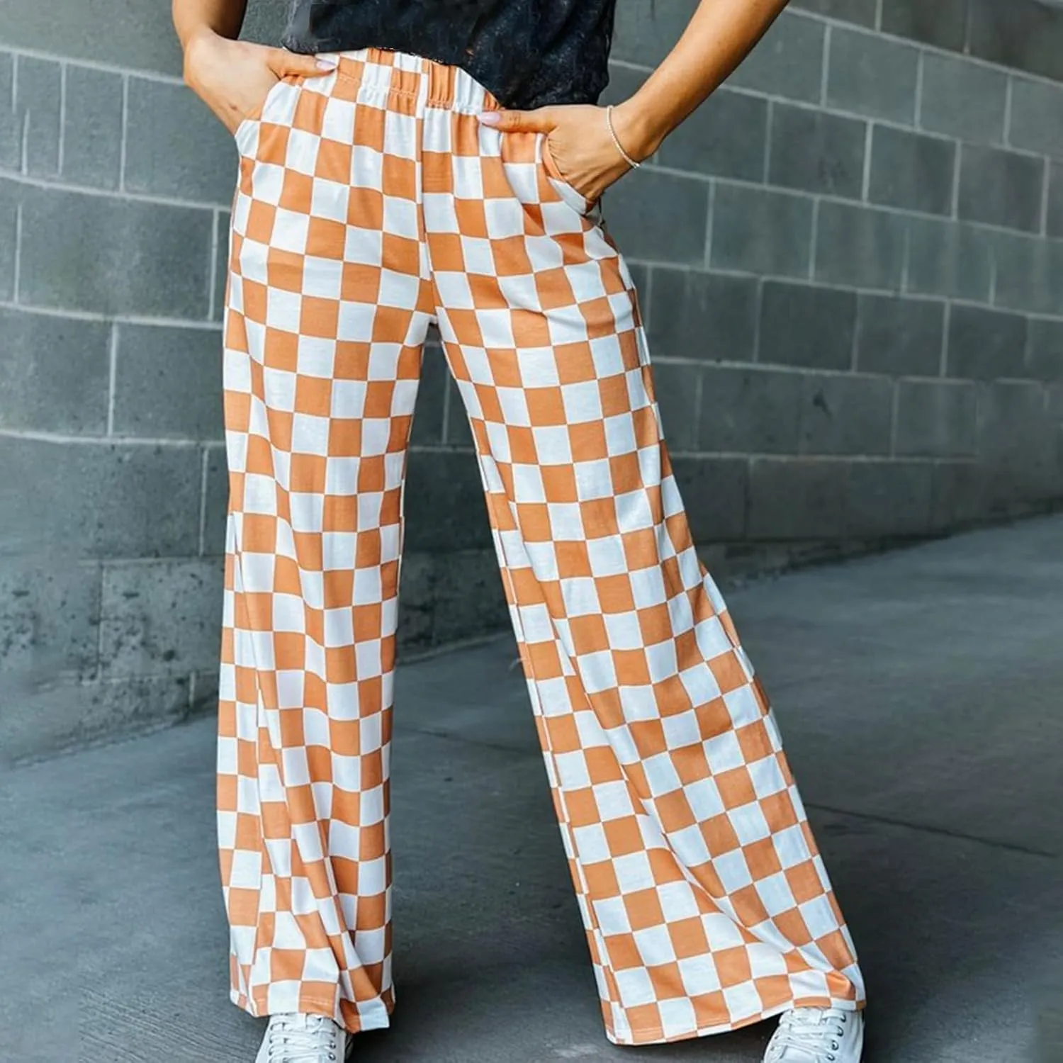 Wide Leg Checkered Pants Women High Waisted Checkerboard Lounge Pajama Bottoms Sweatpants Trousers Casual Loose Fit