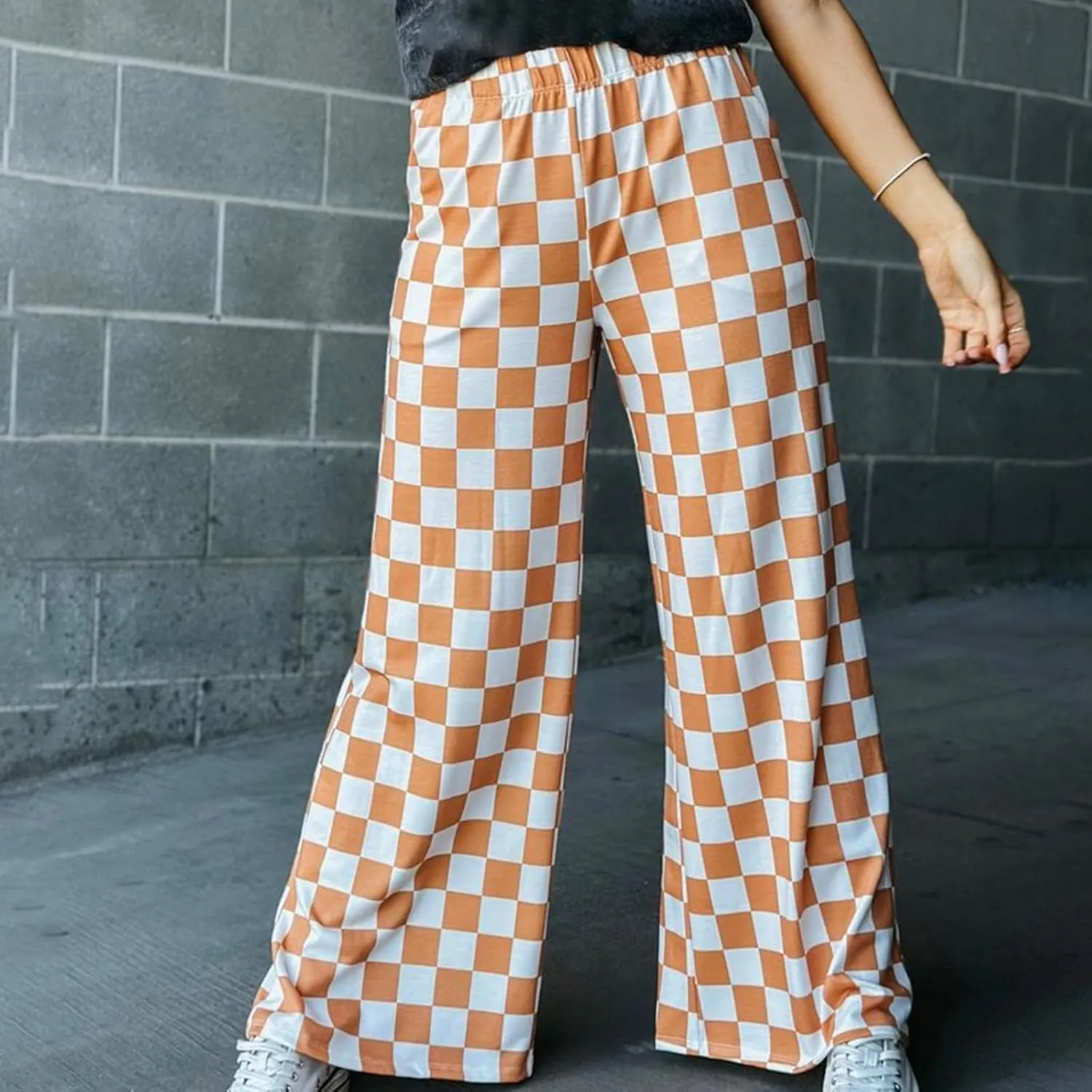 Wide Leg Checkered Pants Women High Waisted Checkerboard Lounge Pajama Bottoms Sweatpants Trousers Casual Loose Fit