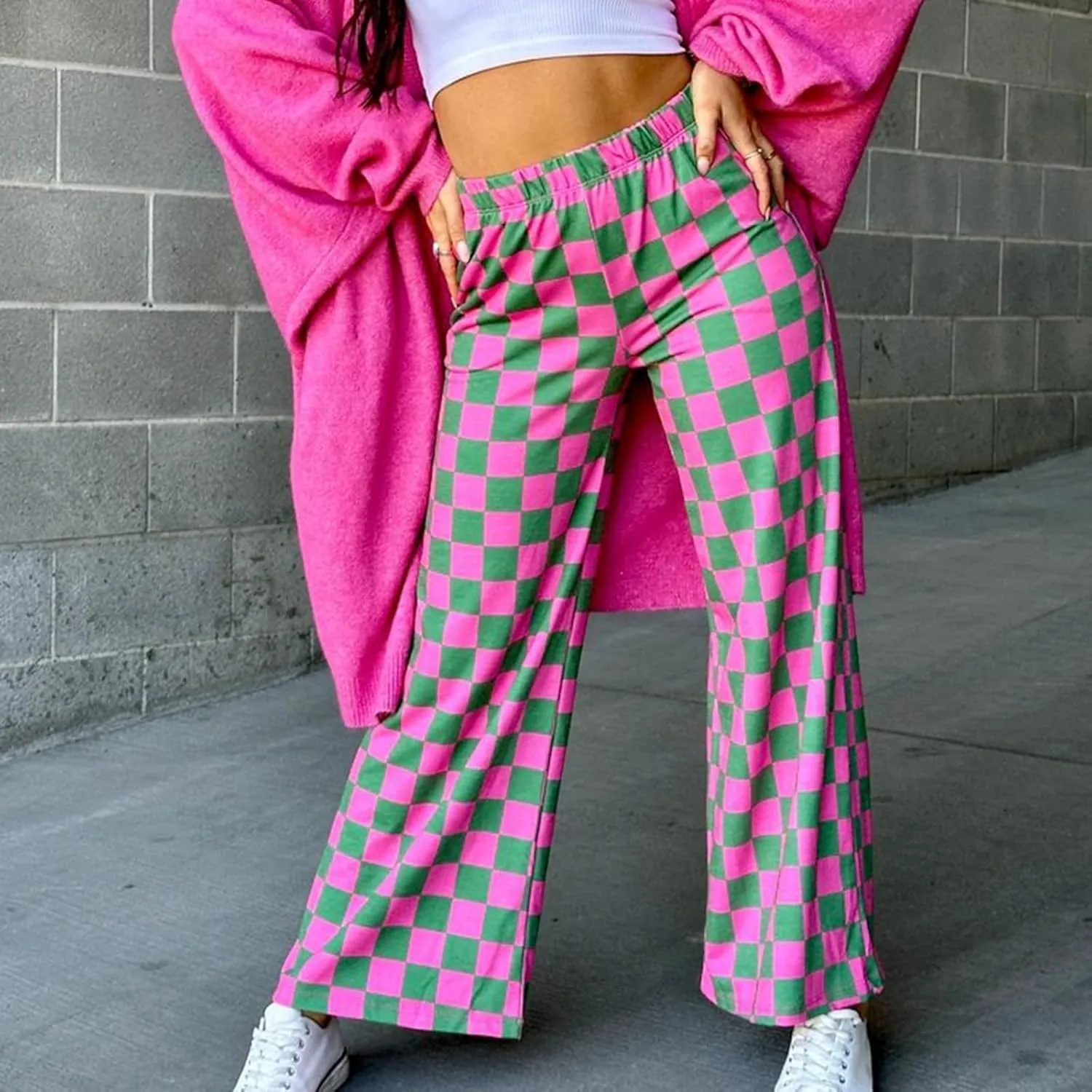 Wide Leg Checkered Pants Women High Waisted Checkerboard Lounge Pajama Bottoms Sweatpants Trousers Casual Loose Fit