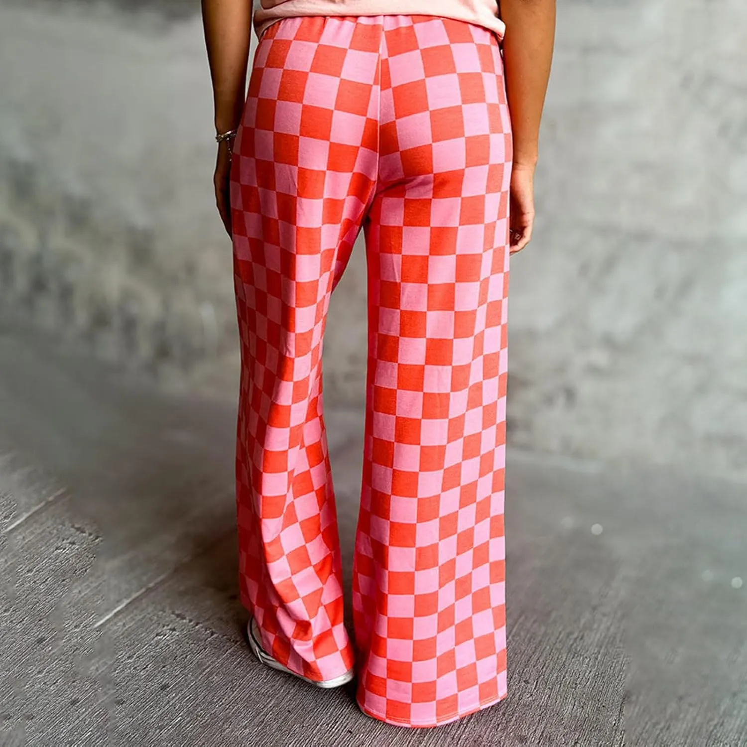 Wide Leg Checkered Pants Women High Waisted Checkerboard Lounge Pajama Bottoms Sweatpants Trousers Casual Loose Fit