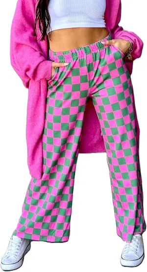 Wide Leg Checkered Pants Women High Waisted Checkerboard Lounge Pajama Bottoms Sweatpants Trousers Casual Loose Fit