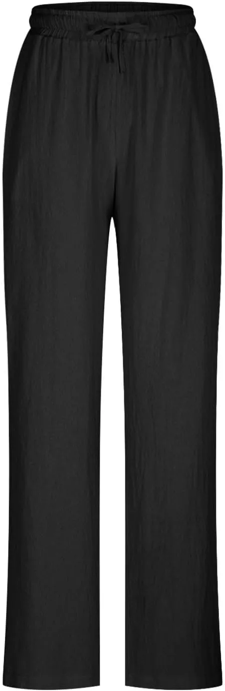 Wide Leg Linen Pants for Women Summer High Waisted Elastic Pant Flowy Comfty Casual Drawstring Trousers with Pockets
