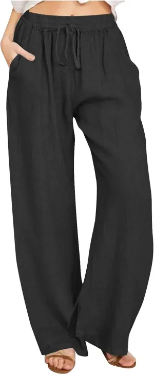 Wide Leg Linen Pants for Women Summer High Waisted Elastic Pant Flowy Comfty Casual Drawstring Trousers with Pockets