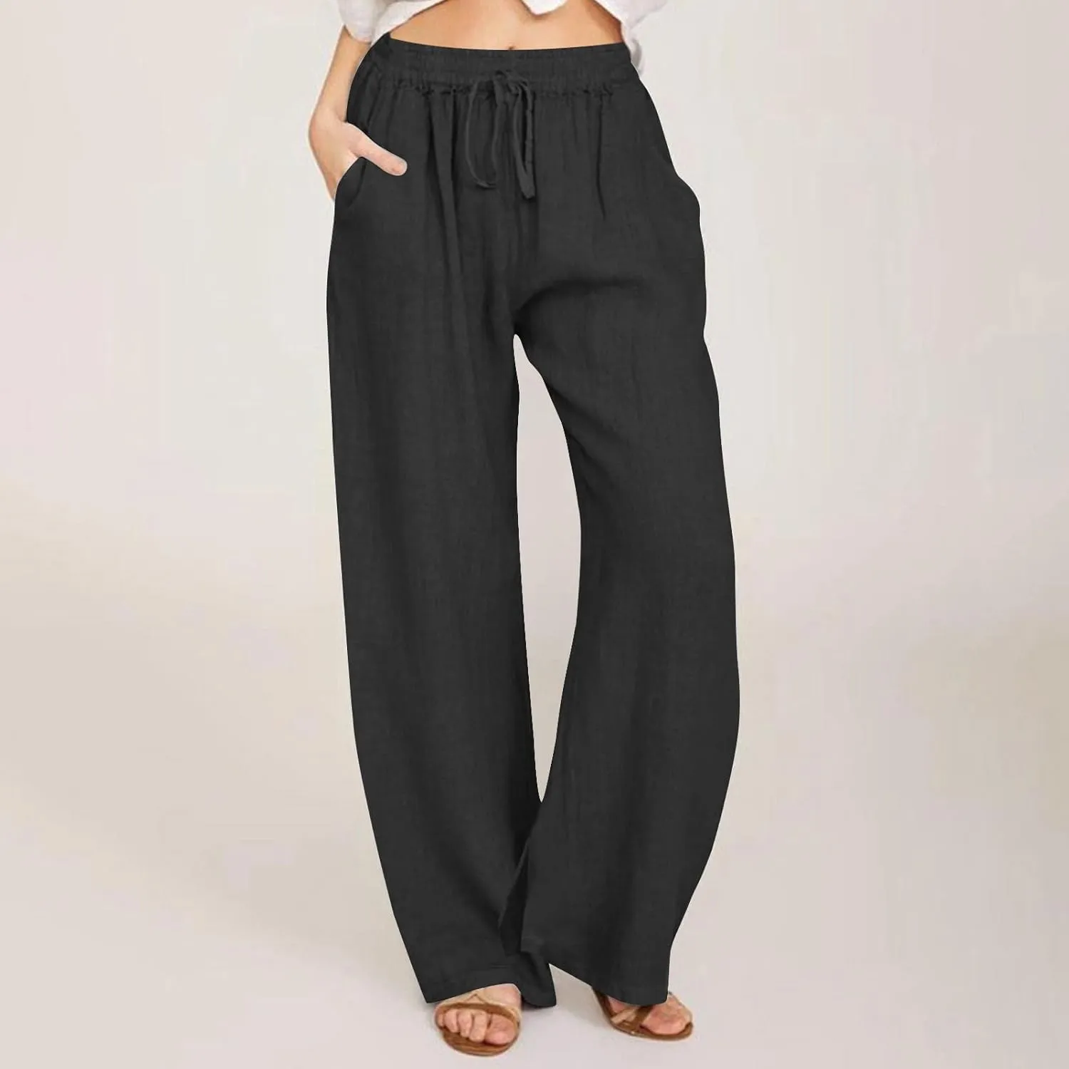 Wide Leg Linen Pants for Women Summer High Waisted Elastic Pant Flowy Comfty Casual Drawstring Trousers with Pockets