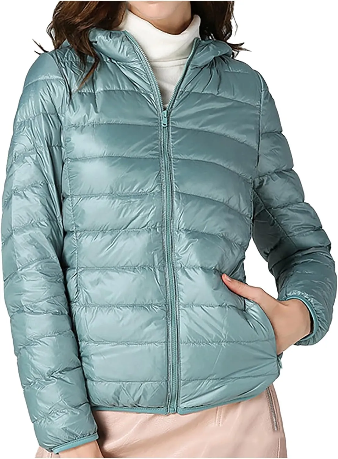 Winter Cropped Puffer Jacket for Women Fashion Slim Long Sleeve Hooded Quilted Coat Lightweight Thermal Workout Outwear