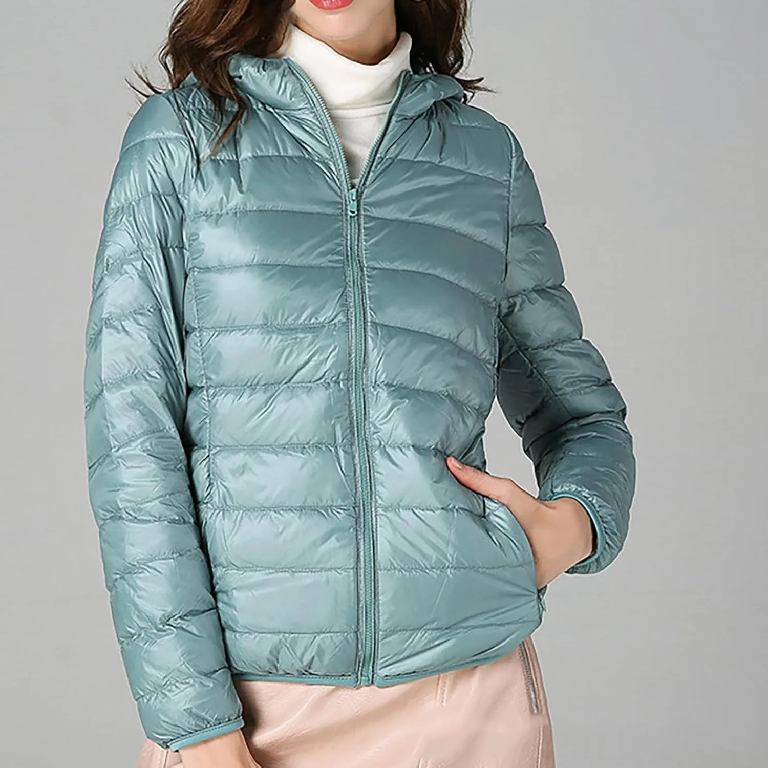 Winter Cropped Puffer Jacket for Women Fashion Slim Long Sleeve Hooded Quilted Coat Lightweight Thermal Workout Outwear