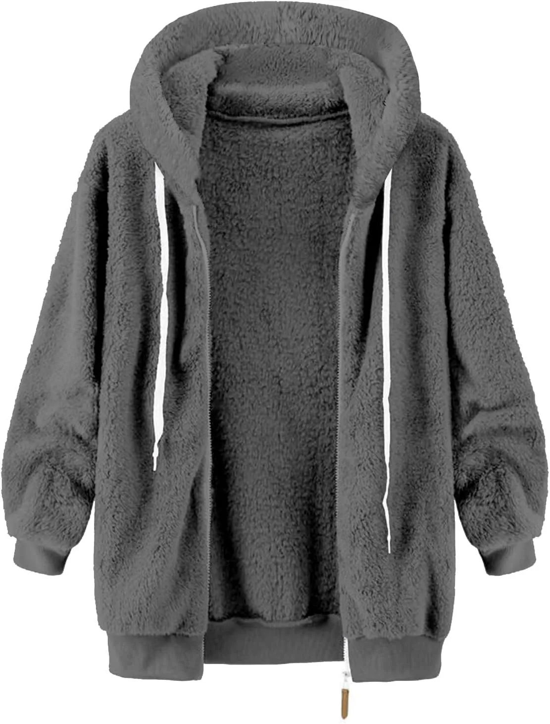 Winter Fleece Coat for Women Loose Fit Warm Fuzzy Long Sleeve Zip Up Jacket with Drawstring Hood Plush Fluffy Hoodies