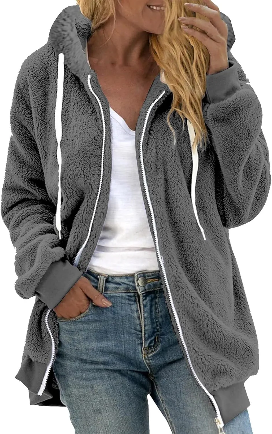 Winter Fleece Coat for Women Loose Fit Warm Fuzzy Long Sleeve Zip Up Jacket with Drawstring Hood Plush Fluffy Hoodies