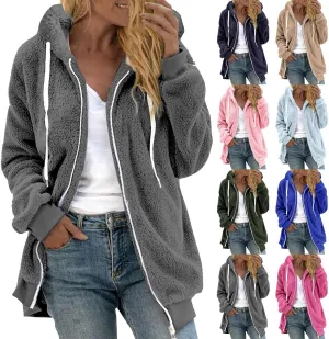Winter Fleece Coat for Women Loose Fit Warm Fuzzy Long Sleeve Zip Up Jacket with Drawstring Hood Plush Fluffy Hoodies