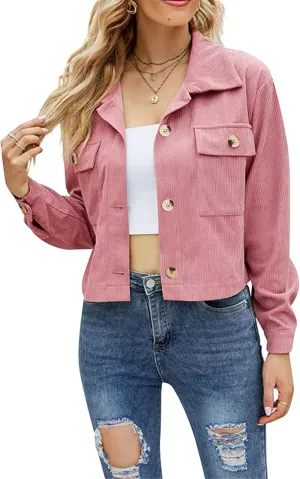 WIWIQS Women's Casual Corduroy Short Jackets Button Down Long Sleeve Shirts Jacket