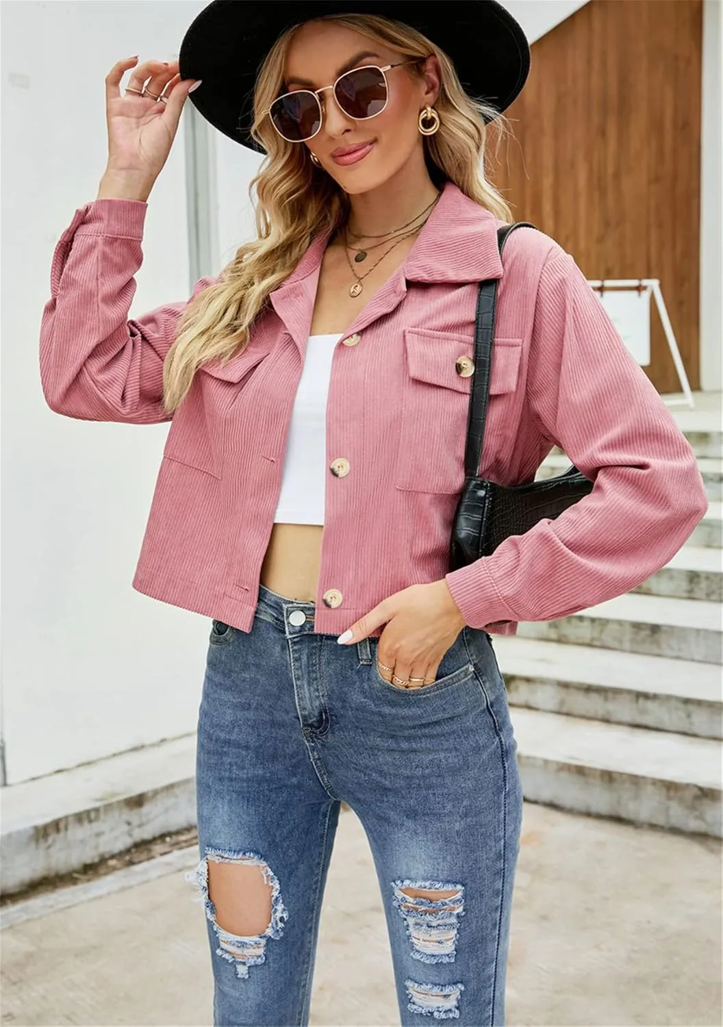 WIWIQS Women's Casual Corduroy Short Jackets Button Down Long Sleeve Shirts Jacket