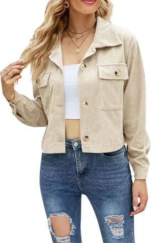 WIWIQS Women's Casual Corduroy Short Jackets Button Down Long Sleeve Shirts Jacket