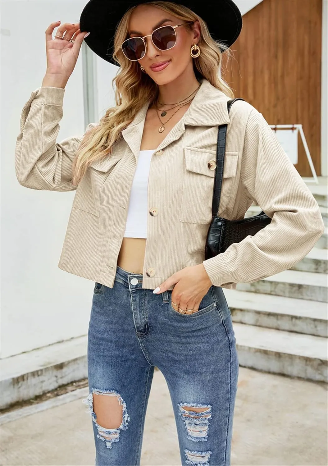 WIWIQS Women's Casual Corduroy Short Jackets Button Down Long Sleeve Shirts Jacket