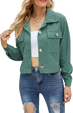 WIWIQS Women's Casual Corduroy Short Jackets Button Down Long Sleeve Shirts Jacket