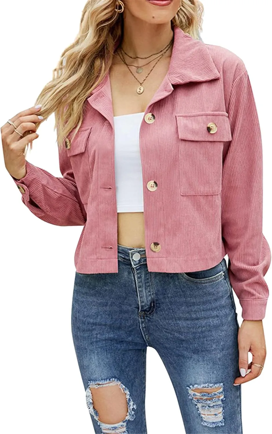 WIWIQS Women's Casual Corduroy Short Jackets Button Down Long Sleeve Shirts Jacket